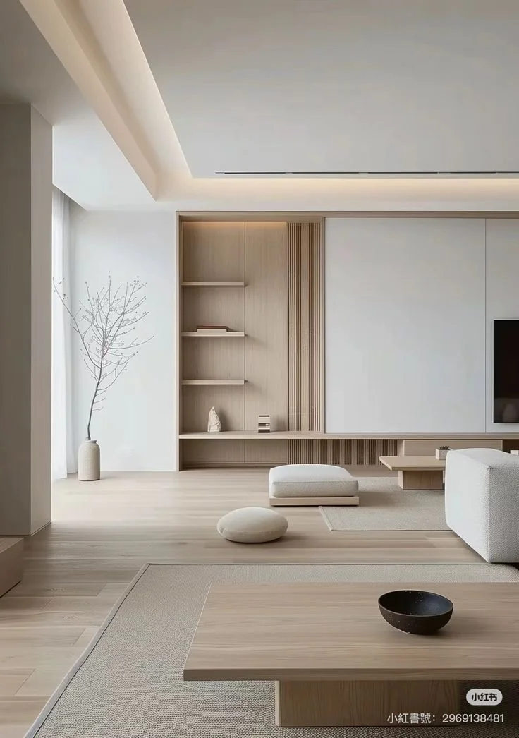 A minimal living room in pale timber and off-white, with built-in joinery and low seating.